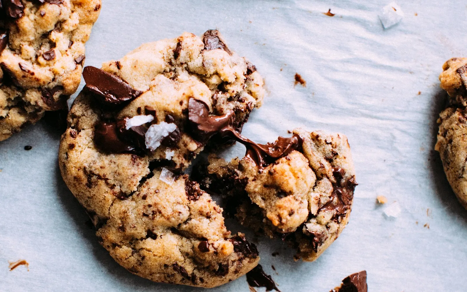 Chocolate chip cookies with melted chocolate pieces