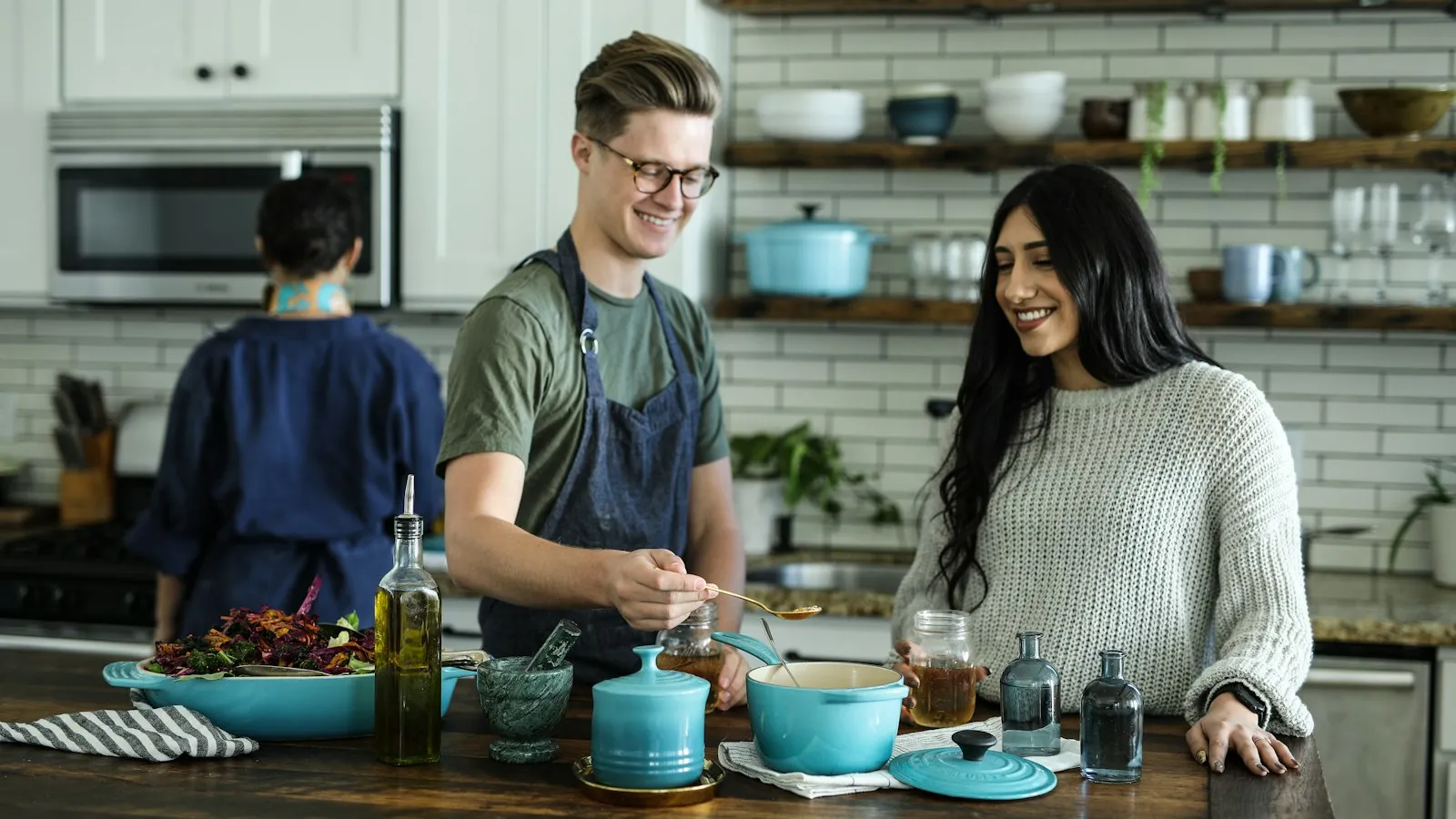 A rustic kitchen counter with fresh ingredients